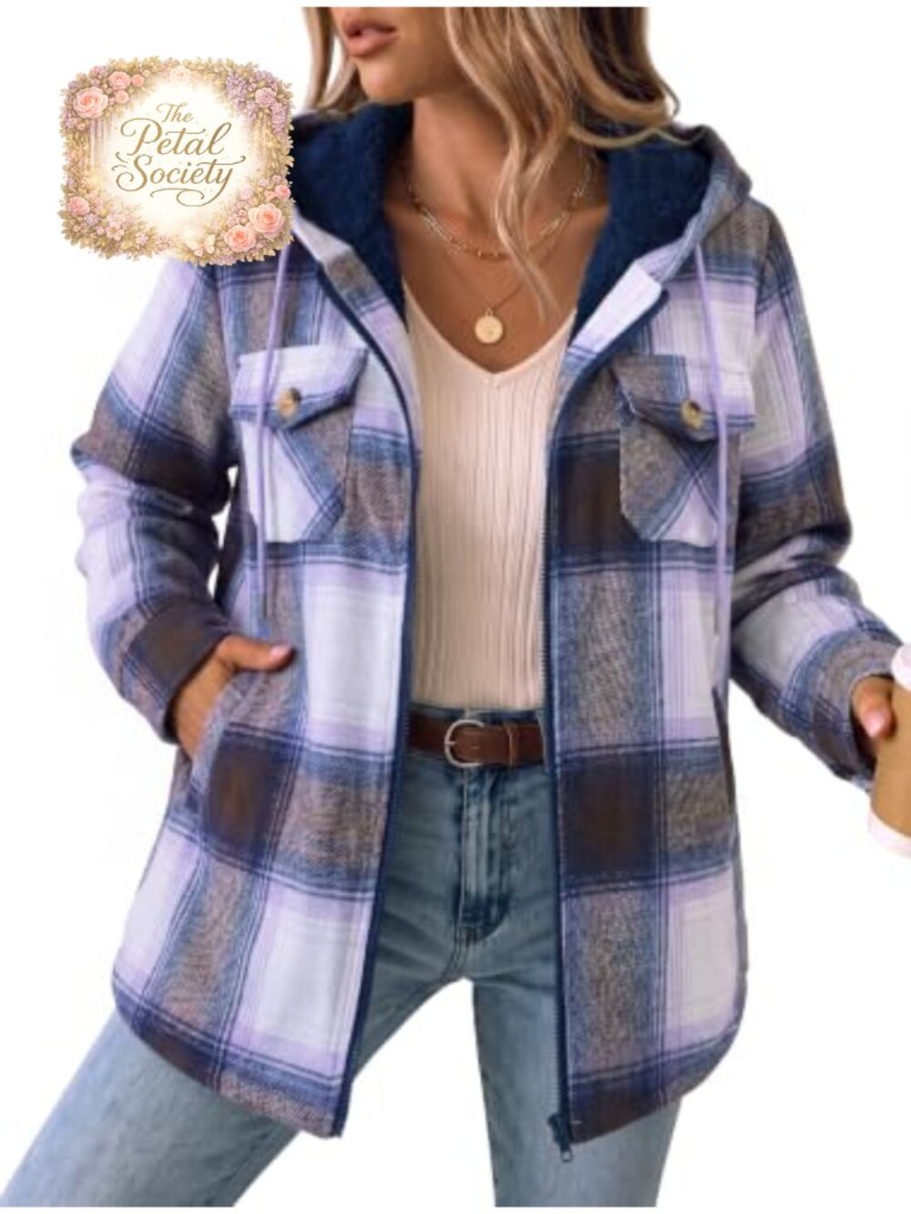 Plaid Flannel Shacket Fleece Lined Hooded Zip Up Winter Coat Loose Fit